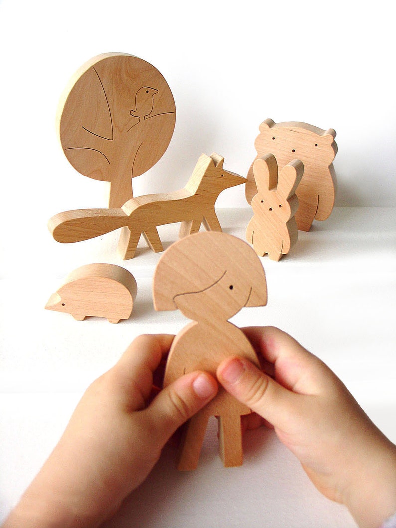 Natural Wooden Toy Set Girl and Forest Animals Creative Open-ended Personalized Woodland-Themed Toy for Girl image 1