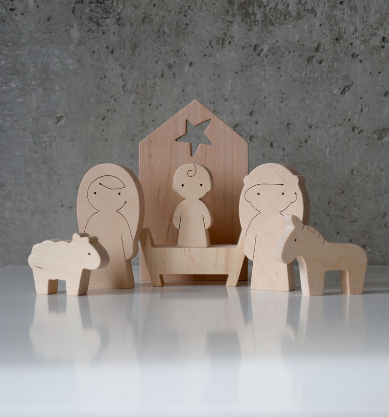 Modern, Minimalist Style Wooden Christmas Nativity Set of 7 pcs image 1