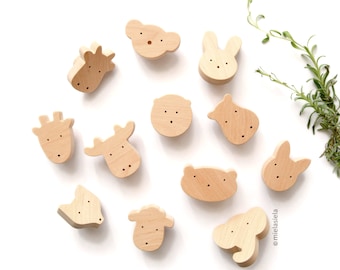 Wooden Animal Shaped Knobs for Nursery Drawers, Cabinets, or Kid's Room Dresser - 12 pcs