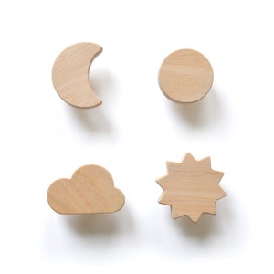 Wooden Drawer Knobs Moon, Star, Cloud, Sun - Nursery Dresser Pulls - Sky Themed Handles for Drawers and Cabinets