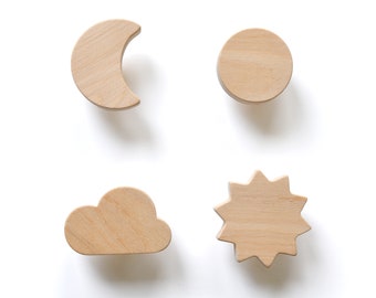 Boutons de tiroir en bois Lune, Étoile, Nuage, Soleil - Poignées de commode de chambre d'enfant - Poignées sur le thème du ciel pour tiroirs et armoires