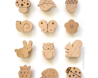 Woodland Nursery Knobs - Wooden Drawer Knobs for Kids - Furniture Handles for Dresser and Cabinet - Animals, Mushroom, Flower - 1pcs