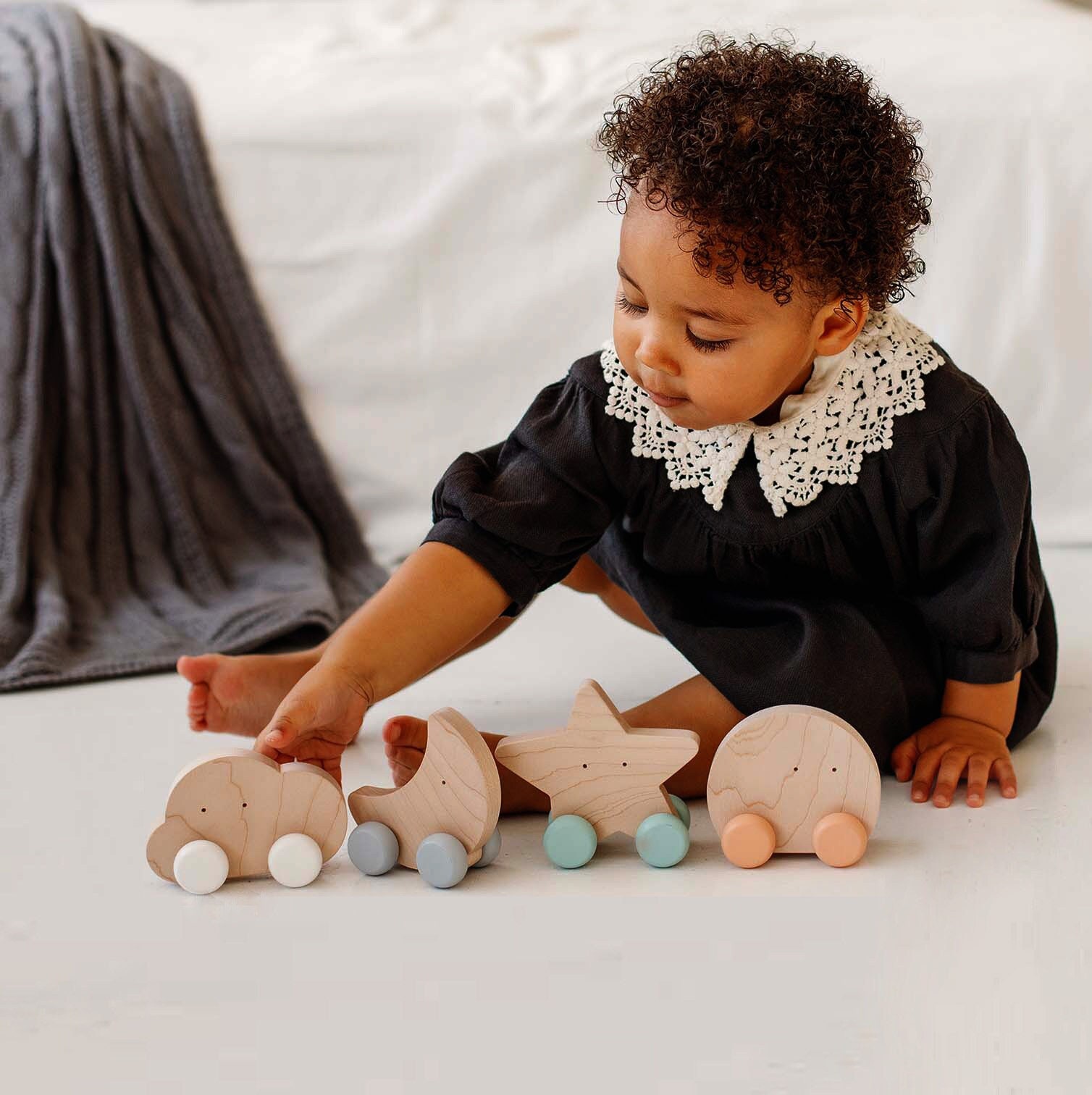 Wooden Push Toy - Cloud, Star, Sun, Moon - Waldorf and Montessori Rolling Push Toy