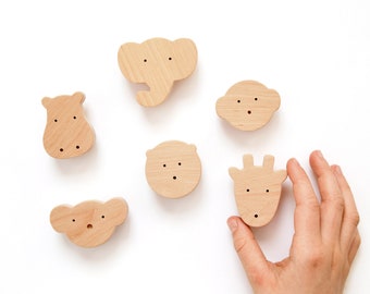 Animal Drawer Pulls - Wooden Knobs for Nursery Dresser or Cabinet - Safari, Set of 6