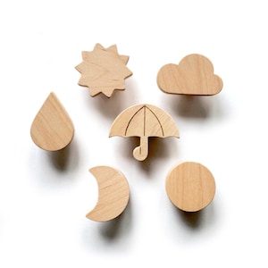 May include: A collection of wooden weather-themed shapes: a sun, cloud, raindrop, umbrella, crescent moon, and circle. These wooden cutouts are suitable for craft projects or nursery decoration.