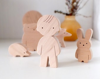 Wooden Toy Set - Personalised Gift for Boy - Educational Toddler toys - Boy and Woodland Animals