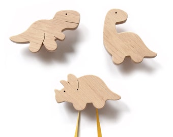 Wooden Dinosaur Wall Hooks – Prehistoric Nursery Decor