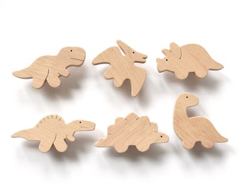 Dinosaurier-Schubladenknöpfe – Baby-Kommodengriffe für Jungen-Kinderzimmer, Tiergriffe aus Holz – 6er-Set
