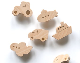 Nursery Dresser Knobs Vehicles - Wooden Drawer Pulls Transport for Kid's Room - Set of 6 - Car, Van, Tractor, Airplane, Ship, Submarine