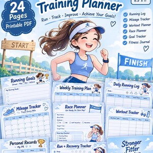 Könnte beinhalten: Ein 24-seitiger, druckbarer PDF-Lauftrainingsplaner im Format 21,6 cm x 27,9 cm. Der Planer enthält ein Lauftagebuch, einen Kilometer-Tracker, einen Trainingsplaner, einen Rennplaner, einen Ziel-Tracker und ein Fitness-Journal in Blau und Weiß.