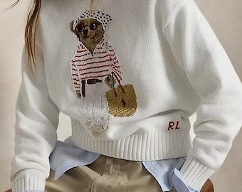 Polo Ralph Lauren Dam Bomullsstickad Björntröja, Broderad Vintertröja, Långärmad Tröja