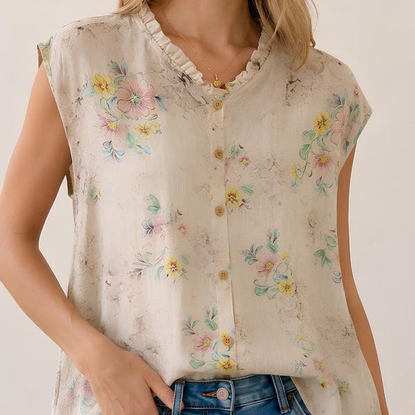 Frauen Floral Ramie Bluse, Rüschenhals ärmel Baumwolle Leinen Sommer TShirt Casual Top