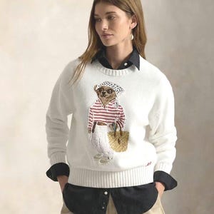 Polo Ralph Lauren Women's Cotton Knit Bear Sweater, Embroidered Winter Pullover, Long Sleeve Jumper image 2
