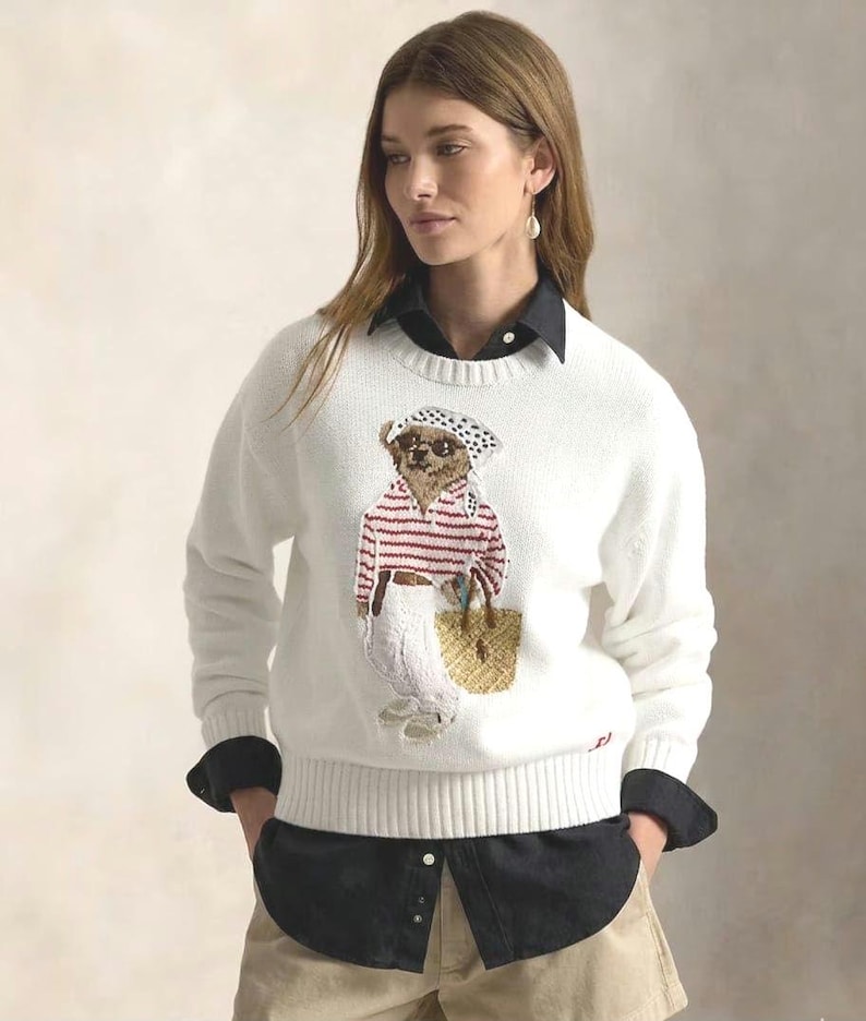 Polo Ralph Lauren Women's Cotton Knit Bear Sweater, Embroidered Winter Pullover, Long Sleeve Jumper image 2