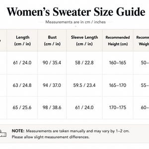May include: A sweater size guide chart with columns for size, length, bust, sleeve length, recommended height, and weight. The table lists measurements in cm and inches for sizes S, M, and L, including a note about manual measurement variances.