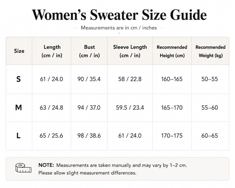 May include: A sweater size guide chart with columns for size, length, bust, sleeve length, recommended height, and weight. The table lists measurements in cm and inches for sizes S, M, and L, including a note about manual measurement variances.