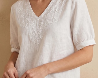 Embroidered Cotton Blouse for Women, V Neck Top, Casual Summer TShirt for Office