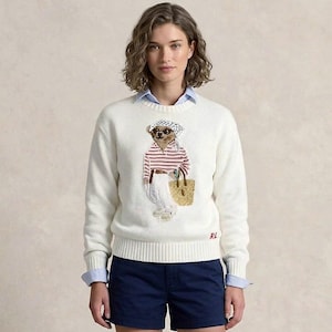Damen-Baumwollstrickpullover mit Bärenmotiv, bestickter Winterpullover, Langarm-Rundhalspullover