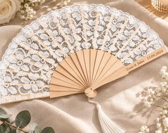 Éventail de mariage en dentelle personnalisé, éventail de mariée gravé sur mesure, éventail en bois avec pompon, cadeau de mariage, cadeau pour demoiselle d'honneur, cadeau pour enterrement de vie de jeune fille