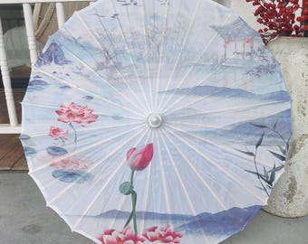Handmade Chinese Parasol: Floral Watercolor Art, Bamboo Frame, Wedding Decor
