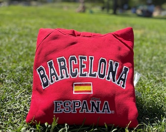 Barcelona Embroidered Hoodie | Unisex Varsity Sweatshirt | Spain Flag Streetwear | Handmade Barcelona Souvenir Apparel