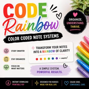 May include: A colorful graphic with the text "CODE Rainbow" and "COLOR CODED NOTE SYSTEMS." The image promotes a note-taking system with the phrases "Study Smarter," "Stay Organized," and "Focus on What Matters."