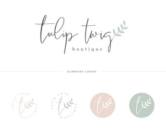 Premade Twig Logo, Modern Calligraphy Logo design, Laurel Leaf branding, Botanical Logo Design, Custom PreDesigned Photography Logo