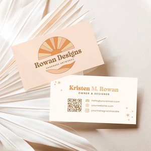 Editable Retro Sun Business Card Template QR Code, Boho Sunset Instant Download Canva Business Card, Printable Business Card Template, Rowan