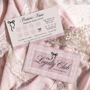 Pink Loyalty Card Canva Template | Editable Small Business Punch Card | Vintage Coquette Lace Rewards Card | Bow Customer Loyalty Card | Kel