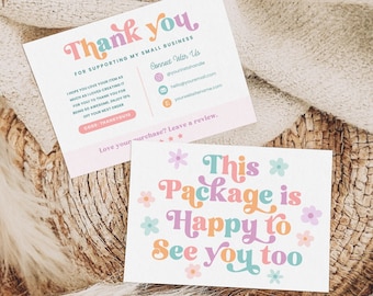 Colorful Business Thank You Card Template Canva, Printable Retro Floral Thanks For Purchase Editable Package Insert Business Card, Shiny
