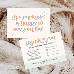 Plantilla de Canva para tarjeta de agradecimiento empresarial Retro Sun, imprimible, colorida, de agradecimiento por la compra, editable, para pequeñas empresas, Joss