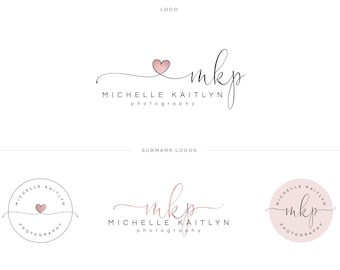 Rose Gold Heart Logo design - Hand Written Style Initials Custom PreDesigned Photography Boutique or Blogger Branding - Business Card Design