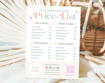 Colorful DIY Printable Price List Canva Template, Editable Pricing Sheet, Salon Price List, Pricing Guide, Printable Payment Sign, Theory