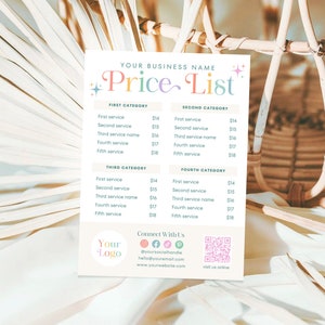Kleurrijke DIY afdrukbare canvassjabloon prijslijst, bewerkbaar prijsblad, salonprijslijst, prijsgids, afdrukbaar betalingsbord, theorie