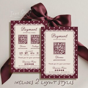 May include: Two rectangular payment signs in deep burgundy and cream with a lace-style border. The signs feature QR codes for Venmo and Cashapp, payment icons, and text including Payment Accepted Here, Thank you for your purchase, and Business Name.