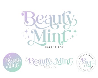 Purple Mint Retro Font Logo, Premade Colorful Boutique logo, 70s Beauty Logo, Modern Boho Brand Design, Sparkle Beauty Small Buisiness Logo