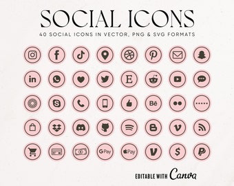 Modern Pink & Charcoal Social Icons, Feminine Social Media Icons, Business - Payment - PNG - Vector - SVG Canva Editable Icon Set