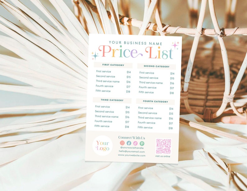May include: A pink and blue price list with the text "Price List" in a colorful font. The list is divided into four categories: First, Second, Third, and Fourth. Each category lists five services with their corresponding prices. The bottom of the list includes contact information and a QR code.