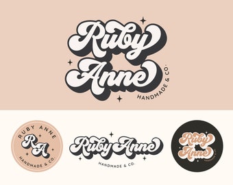 Boho Retro Logo Instant Download, Premade Logo Kit, Groovy Script Logo Design, Small Business Logo Set, Chunky Script Brand, Ruby Kit