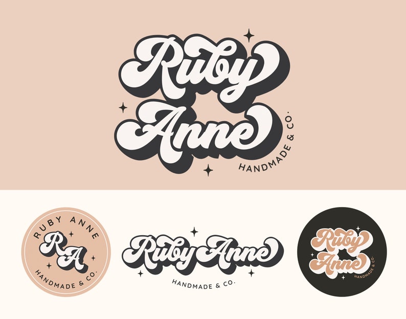 May include: A logo for a business called "Ruby Anne Handmade & Co." The logo features the name in a retro, stylized font with a white background and black outline. The logo is surrounded by small stars.