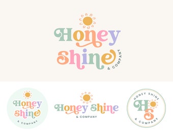 Modern Colorful Boho Sun Logo, Retro Bright Logo Watermark & Submark Kit, Instant Download Logo Set, Premade Small Business Branding, Honey