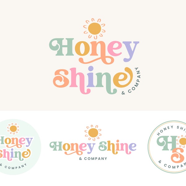 Modern Colorful Boho Sun Logo, Retro Bright Logo Watermark & Submark Kit, Instant Download Logo Set, Premade Small Business Branding, Honey