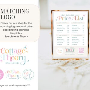 May include: A gold-framed price list with a pink, blue, and yellow color scheme. The text "Price List" is in a whimsical font with stars. The price list is for a business called "Cottage Theory" and includes a logo with the same color scheme. The logo is a stylized text design that says "Cottage Theory" with the words "Interior Design" below. The price list includes four categories of services with prices listed for each service. The price list also includes a QR code and social media icons.