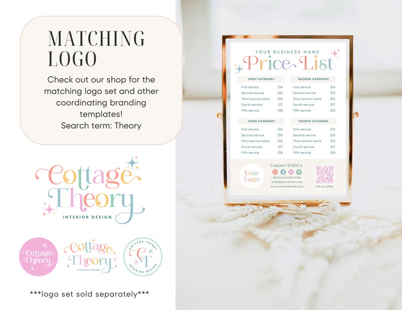 May include: A gold-framed price list with a pink, blue, and yellow color scheme. The text "Price List" is in a whimsical font with stars. The price list is for a business called "Cottage Theory" and includes a logo with the same color scheme. The logo is a stylized text design that says "Cottage Theory" with the words "Interior Design" below. The price list includes four categories of services with prices listed for each service. The price list also includes a QR code and social media icons.