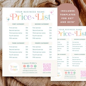 May include: A colorful price list template for a business. The template includes a title, "Price List", with a decorative swirl and stars. The template is divided into four categories: First, Second, Third, and Fourth. Each category lists five services with corresponding prices. The template also includes a section for connecting with the business, with social media icons, an email address, and a website address. The template is designed for use with 5x7" and 8x10" templates.