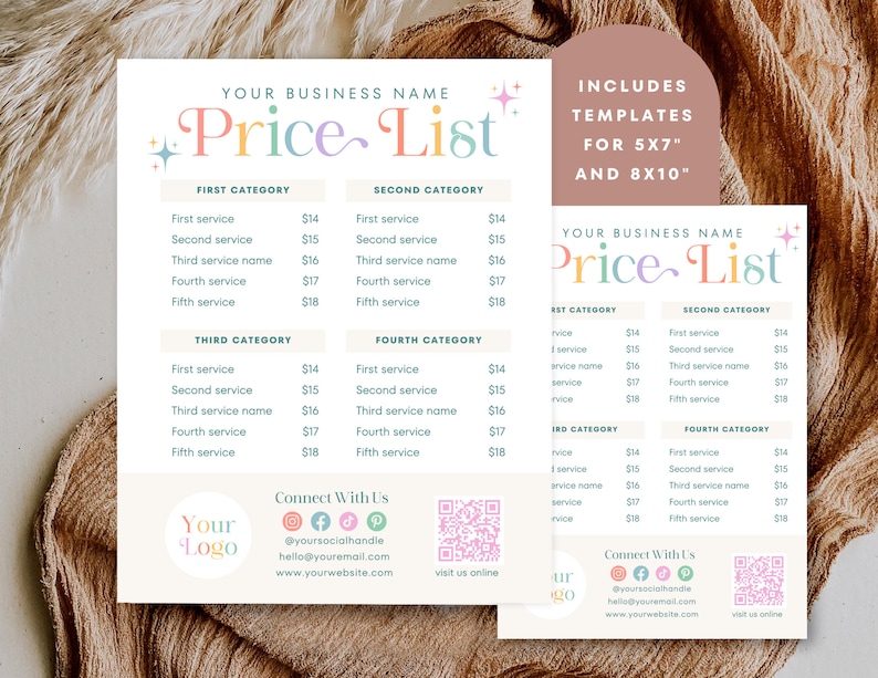 May include: A colorful price list template for a business. The template includes a title, "Price List", with a decorative swirl and stars. The template is divided into four categories: First, Second, Third, and Fourth. Each category lists five services with corresponding prices. The template also includes a section for connecting with the business, with social media icons, an email address, and a website address. The template is designed for use with 5x7" and 8x10" templates.