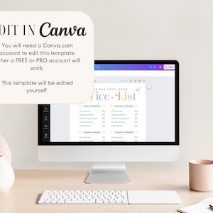 May include: A computer screen displaying a Canva template for a price list. The template has a colorful design with the text "Your Business Name Price List" at the top. The template is divided into four categories, each with a list of services and prices.