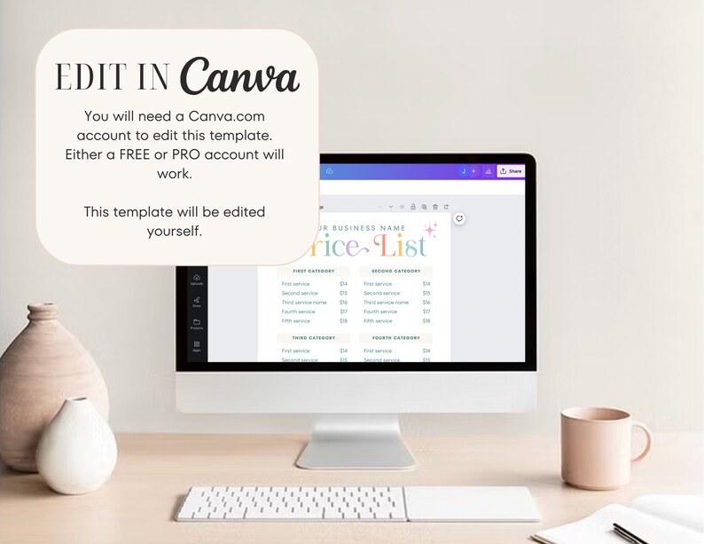 May include: A computer screen displaying a Canva template for a price list. The template has a colorful design with the text "Your Business Name Price List" at the top. The template is divided into four categories, each with a list of services and prices.