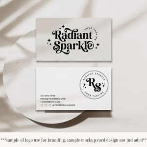 May include: Two business cards with a black and white logo design. The logo features the text "Radiant Sparkle" and the initials "RS" in a circle with stars. The business card also includes contact information such as a phone number, email address, website, and social media handle.