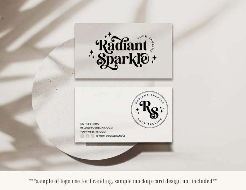 May include: Two business cards with a black and white logo design. The logo features the text "Radiant Sparkle" and the initials "RS" in a circle with stars. The business card also includes contact information such as a phone number, email address, website, and social media handle.